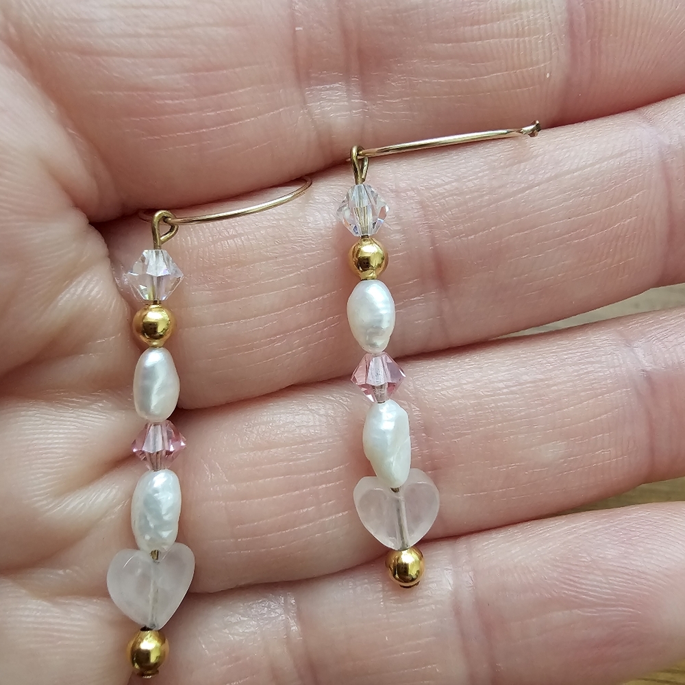 Vintage Rose Quartz Heart & Freshwater Pearl Crystal Drop Hoop Earrings​